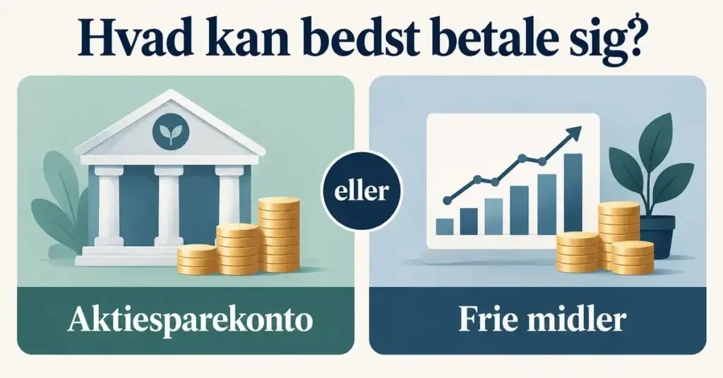 Grafik med en bankbygning, møntstakke og en aktiegraf, der illustrerer valget mellem aktiesparekonto og frie midler.