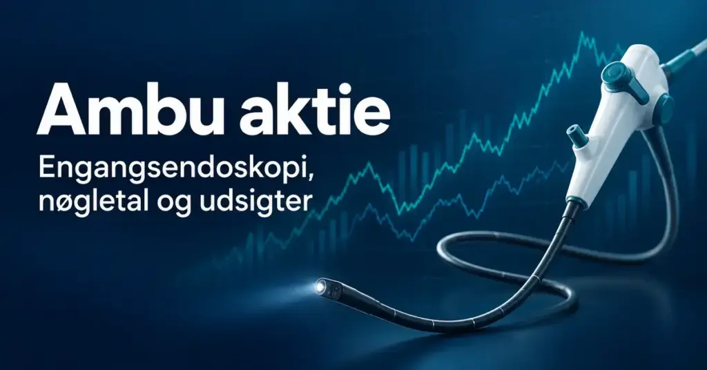 Illustration af et engangsendoskop foran stiliserede aktiekurver med teksten »Ambu aktie – Engangsendoskopi, nøgletal og udsigter«.