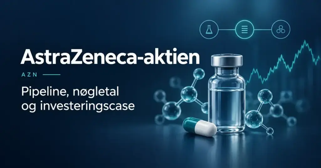 Grafik om AstraZeneca-aktien med teksten »Pipeline, nøgletal og investeringscase«, et medicinhætteglas, en kapsel, molekylmodeller og en stiliseret aktiekurve på mørkeblå baggrund.