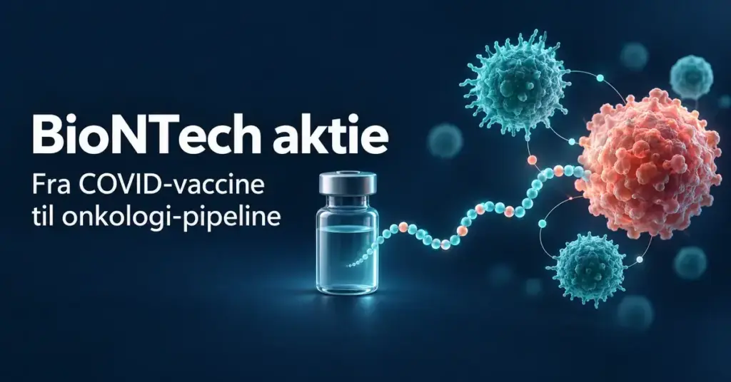 Illustration af BioNTechs skifte fra COVID-vacciner til onkologi med et vaccineglas, en stiliseret mRNA-streng og kræft- og immunceller.