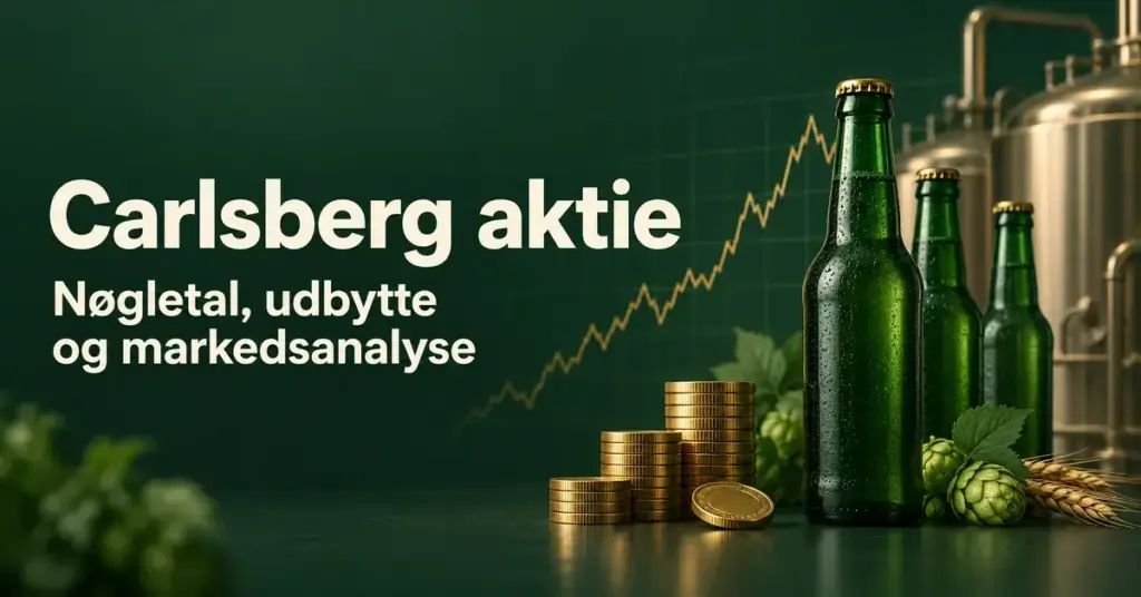 Illustration af Carlsberg-aktien med grønne ølflasker uden etiketter, bryggeritanke, møntstakke og en stiliseret aktiekurve samt teksten »Carlsberg aktie: Nøgletal, udbytte og markedsanalyse«.