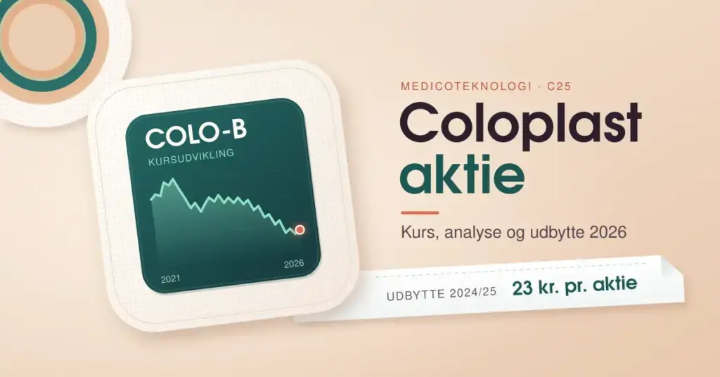 Illustration af en sårbandage, hvis pude viser kursudviklingen for COLO-B fra 2021 til 2026, ved siden af en stomiplade og en afrevet beskyttelsesstrimmel med teksten »Udbytte 2024/25: 23 kr. pr. aktie« samt overskriften »Coloplast aktie – Kurs, analyse og udbytte 2026«.