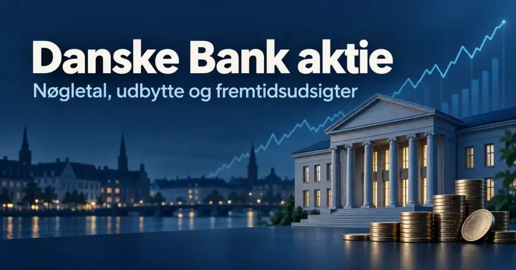 Illustration af en bankbygning, møntstakke og en stigende kurskurve med teksten Danske Bank aktie samt Nøgletal, udbytte og fremtidsudsigter.