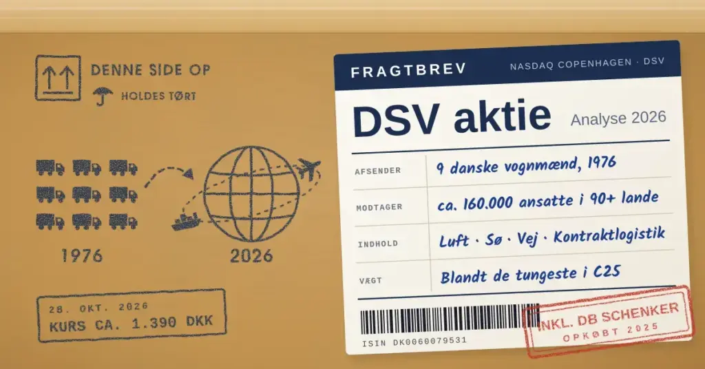 Illustration af en papkasse med et fragtbrev for DSV-aktien, hvor ni små lastbiler fra 1976 fører hen til en globus med fly og skib i 2026, et rødt stempel med teksten »Inkl. DB Schenker – opkøbt 2025« og et datostempel med kursen ca. 1.390 DKK.
