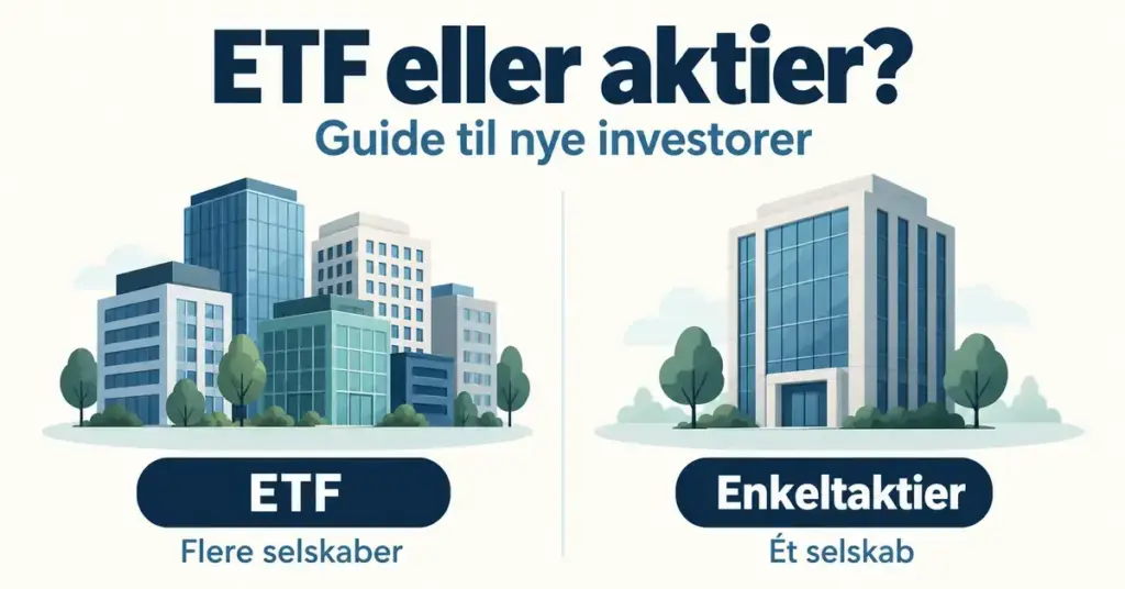 Illustration af forskellen mellem en ETF med flere selskaber og enkeltaktier med ét selskab.