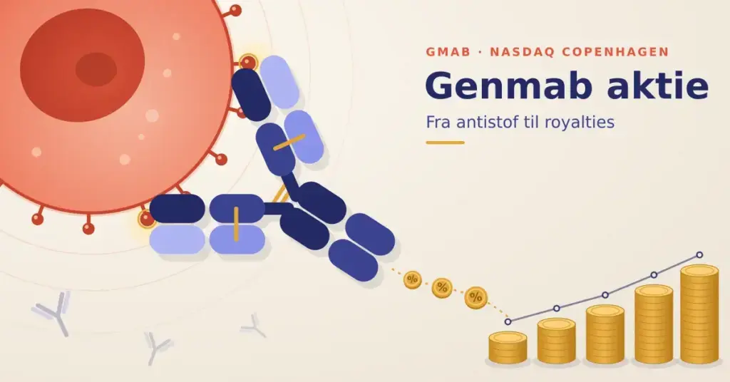 Illustration af et Y-formet antistof, der binder sig til en kræftcelle, mens mønter med procenttegn strømmer videre til stigende møntstakke som symbol på Genmabs royaltyindtægter, med teksten »Genmab aktie – Fra antistof til royalties« og tickeren GMAB.