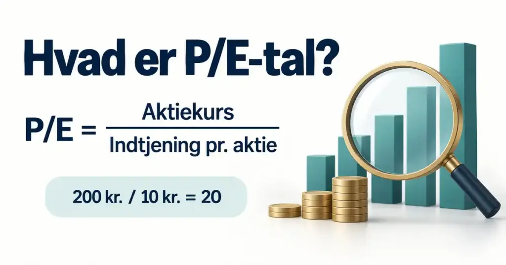 Grafik med formlen for P/E-tal, regneeksemplet 200 kr. divideret med 10 kr. lig med 20 samt et forstørrelsesglas foran søjler og møntstakke.