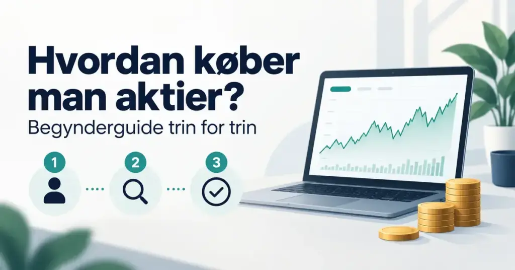 Illustration af en bærbar computer med en aktiegraf, mønter og tre trin til at købe aktier som begynder.