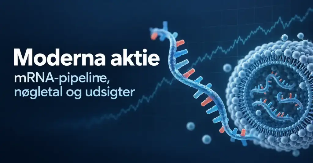 Illustration af en mRNA-streng og en lipidnanopartikel med en stiliseret aktiekurve i baggrunden og teksten »Moderna aktie: mRNA-pipeline, nøgletal og udsigter« på mørkeblå baggrund.