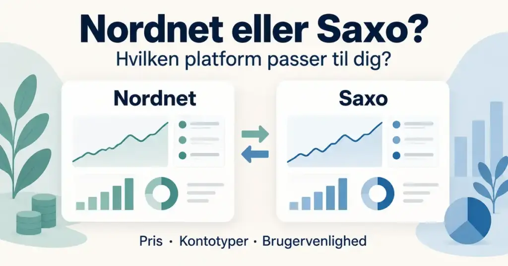 Grafik med Nordnet og Saxo side om side, illustreret med aktiegrafer og fokus på pris, kontotyper og brugervenlighed.