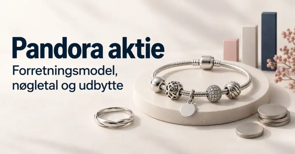 Grafik med et sølvarmbånd med charms, en ring, mønter og stiliserede søjler samt teksten »Pandora aktie – Forretningsmodel, nøgletal og udbytte«.