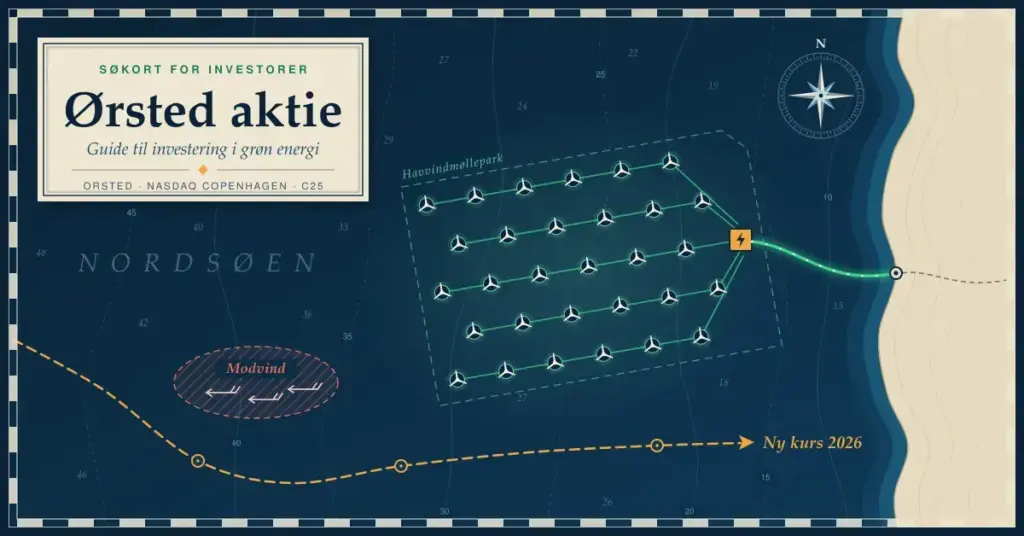 Illustration af et søkort over Nordsøen med en havvindmøllepark, hvis kabler fører strøm til kysten, og en stiplet kurslinje, der bøjer uden om en zone mærket »Modvind« og fortsætter mod »Ny kurs 2026«, ved siden af titlen »Ørsted aktie – Guide til investering i grøn energi«.