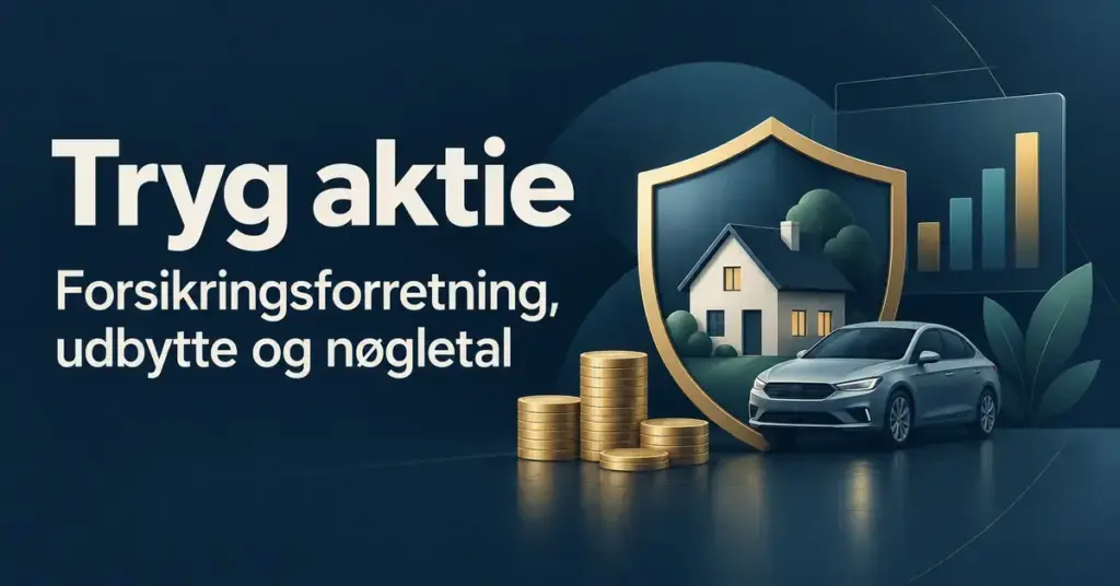 Grafik om Tryg-aktien med et skjold, et hus, en bil, møntstabler og et søjlediagram som symboler på forsikringsforretning, udbytte og nøgletal.