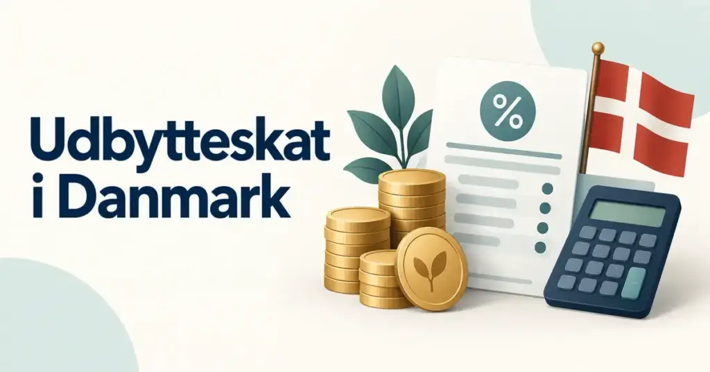 Illustration af udbytteskat i Danmark med guldmønter, et dokument med procenttegn, en lommeregner og det danske flag.